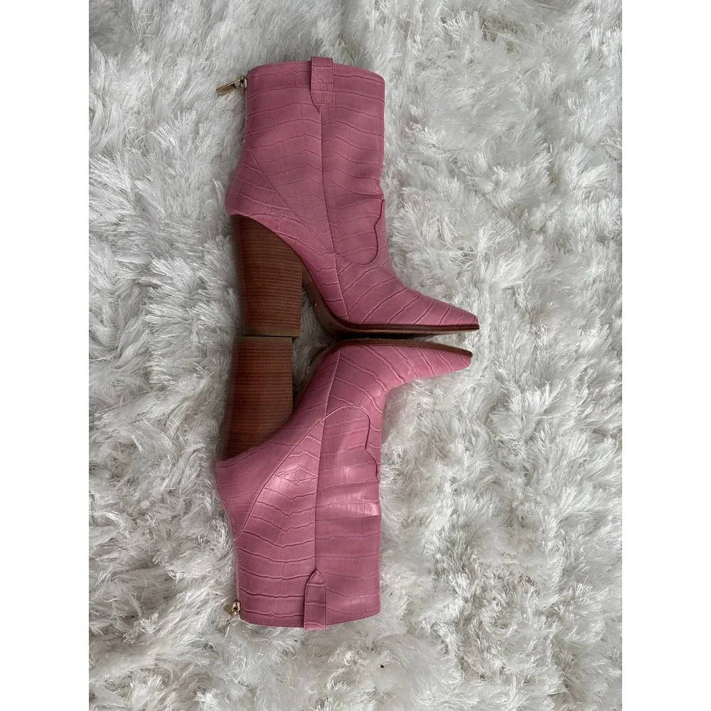 Raye Revolve Leon Pink Croc Embossed Pointed Toe Western Ankle Heel Boots 9